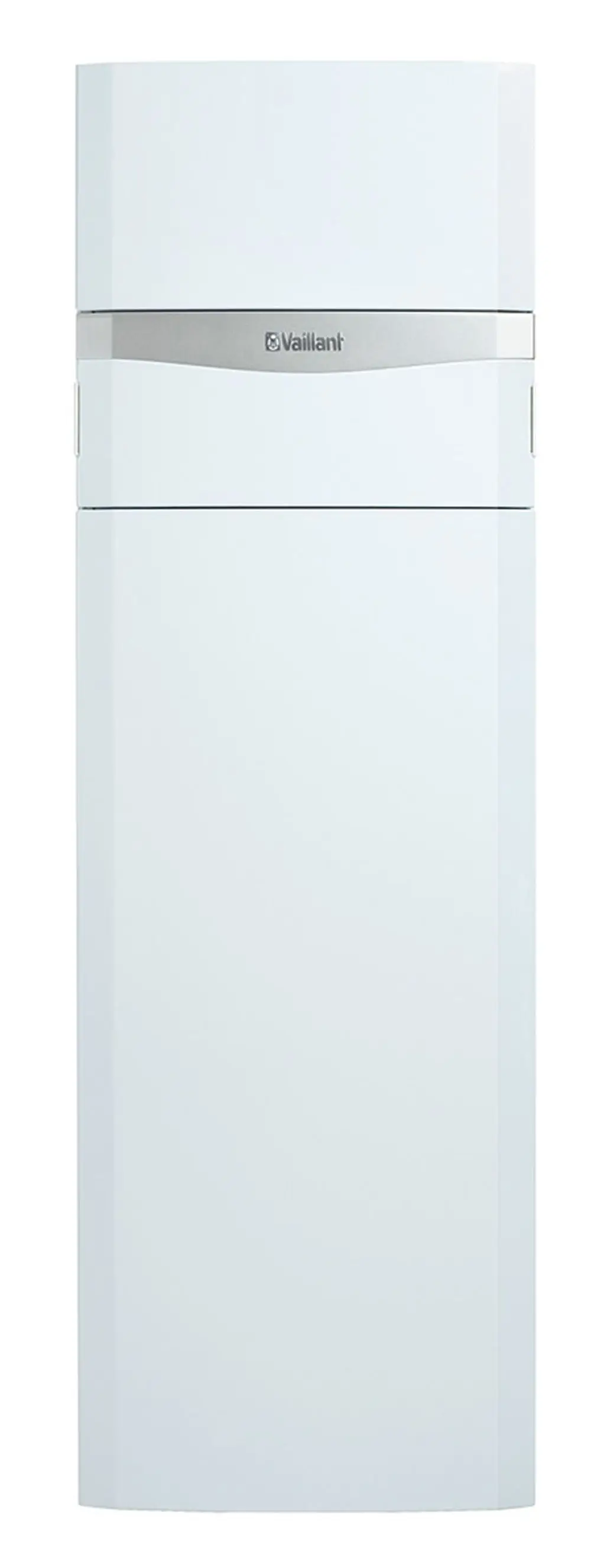 Vaillant-Gerät in hellem Weiß, monolithische Form mit abgerundeten Kanten und einem silbernen Streifen in der Mitte, für die Wohnungstechnik.